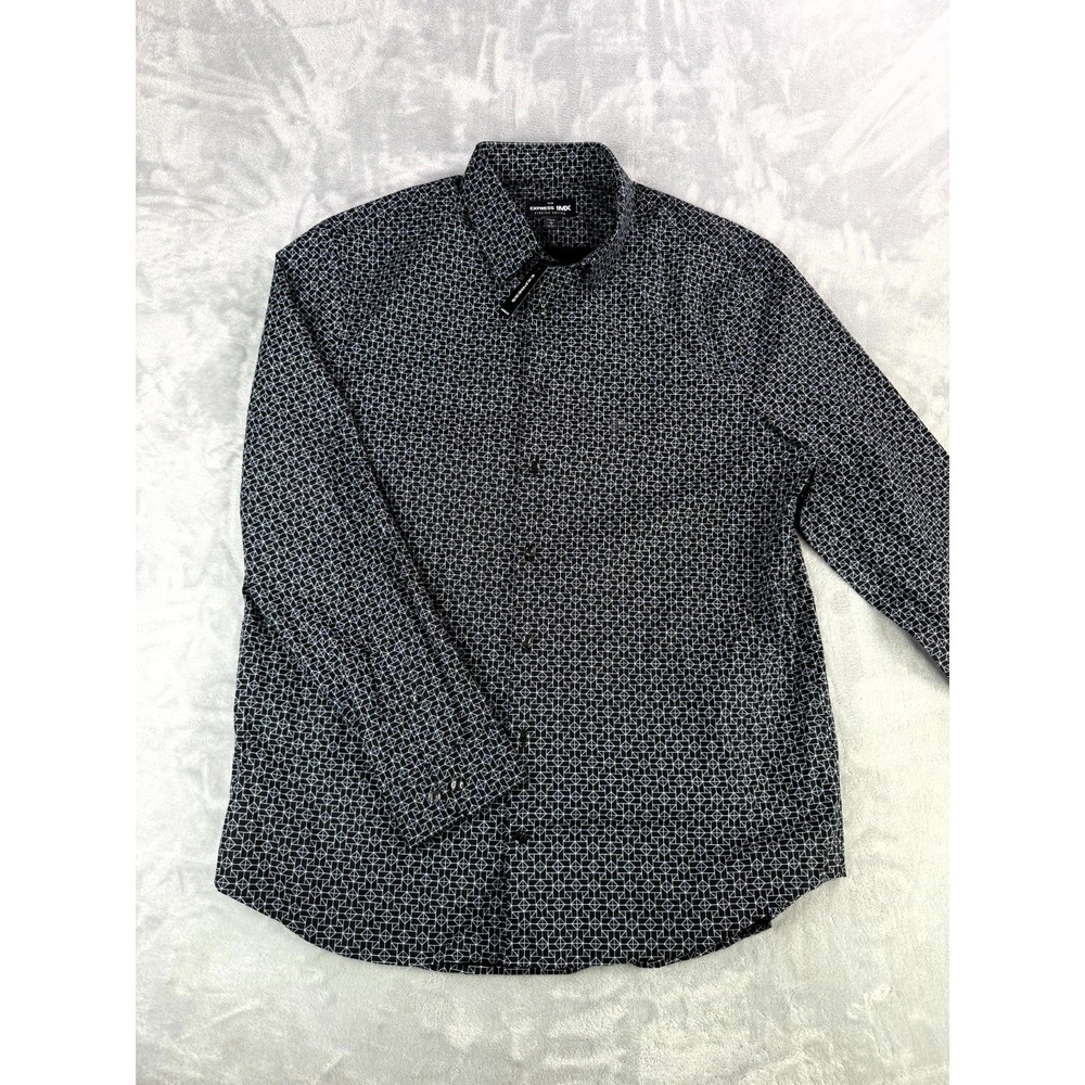 Express 1MX Dress Shirt Mens L 16-16.5 Black Geometric Cotton Slim Formal Career